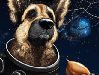 DALLE 2023 05 09 22.28.04 realistic Astronaut german shepard holding a chestnut. galaxy background. Realistic style