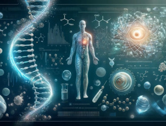 DALLE 2024 04 16 17.03.17 A rectangular header image for a webpage visually integrating DNA CRISPR the human body and hormones. The left side of the image features a large 1 1
