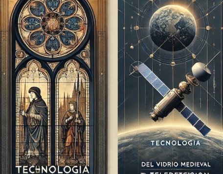 DALLE 2025 03 29 16.56.25 A professional poster for an event titled Tecnologia a traves del tiempo  del vidrio medieval a la teledeteccion. The design features a sophisticate copia min